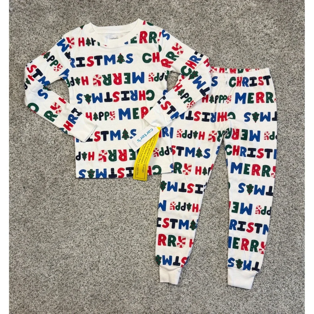 Carter's Pajama Set Kids 5T White New Merry Christmas Happy Print Snug Fit 2pc